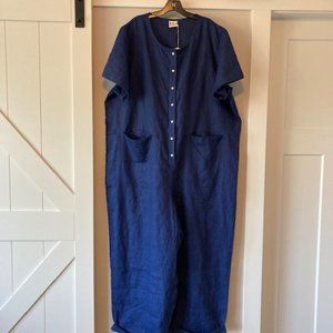 Beaton 7oz Linen Pocket Jumpsuit, Indigo, Size 4X